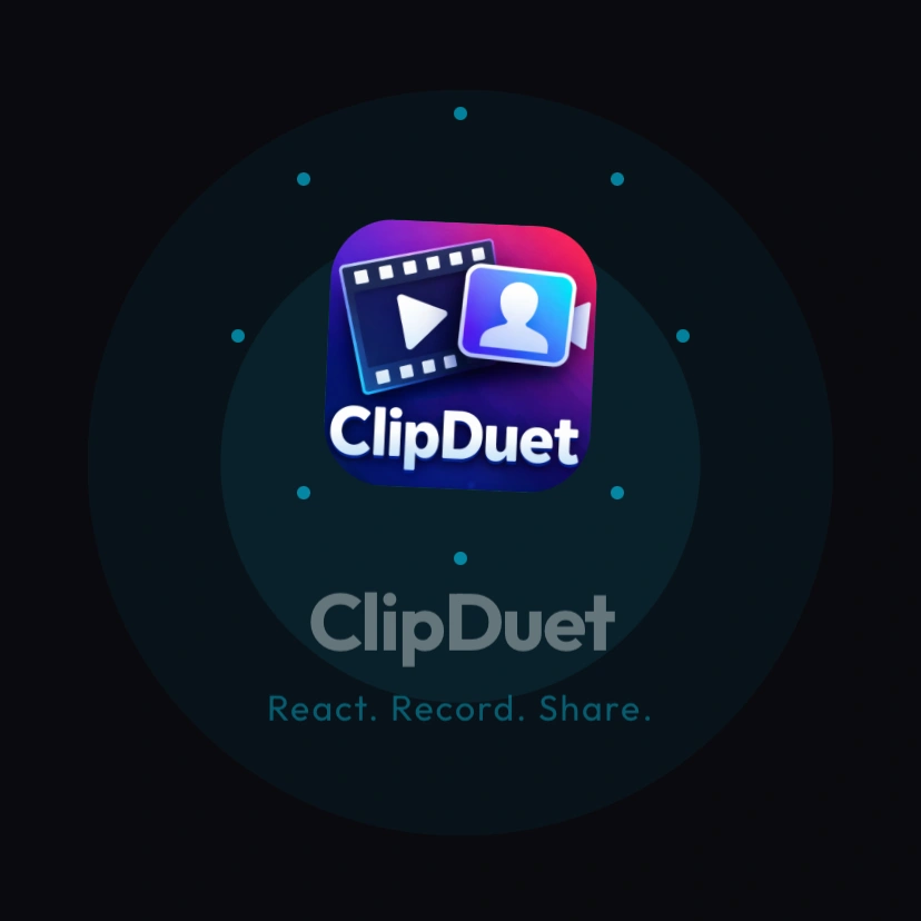 ClipDuet app artwork with the words React. Record. Share.
